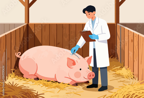 A veterinarian, wearing gloves and lab coat, examines a pink pig inside a wooden pen filled with hay