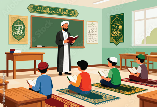 A classroom scene depicts a teacher reading from a book to students seated on mats, with Islamic calligraphy decor