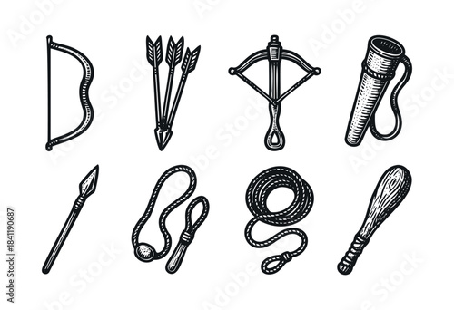 A collection of hand-drawn, vintage-style illustrations depicting various ancient hunting and survival weapons and tools on a white background — stock vector.