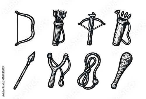 A collection of hand-drawn, vintage-style primitive hunting and warfare tools, including a bow, crossbow, spear, slingshot, club, bolas, and quivers with arrows and bolts — stock vector.