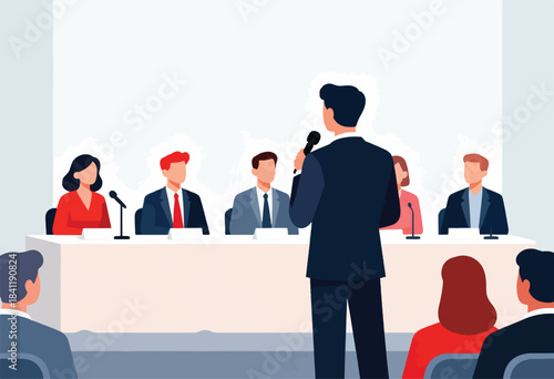 A speaker stands before a panel, addressing an audience. The scene depicts a conference, with a focus on communication