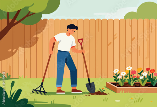 Illustration depicts a person gardening in a yard with a wooden fence, flowers and plants in the scene