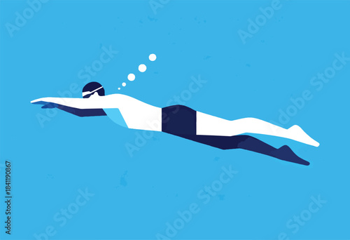 A simple illustration of a swimmer in the front crawl stroke against a textured, light blue background
