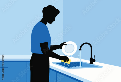 Silhouette washes dishes at the sink; blue and white minimalist illustration