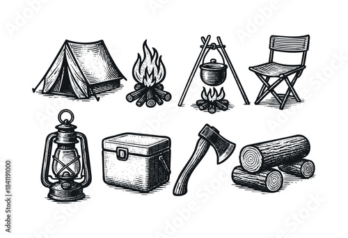 A collection of vintage-style black and white vector illustrations depicting essential camping and outdoor equipment, including a tent, campfire, lantern, axe, and cooler box — stock vector.