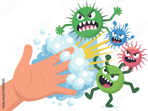 Hand Fighting Evil Germs with Soap Foam Hygiene Concept Vector