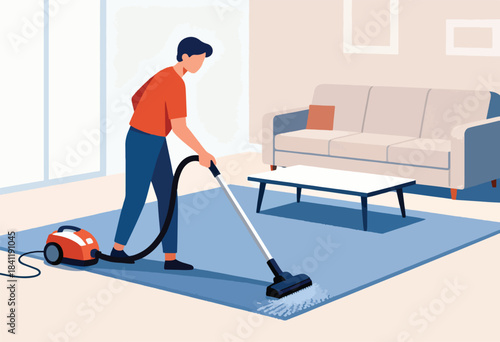 Illustration of a person vacuuming a blue carpet in a minimalist living room setting with a couch and table
