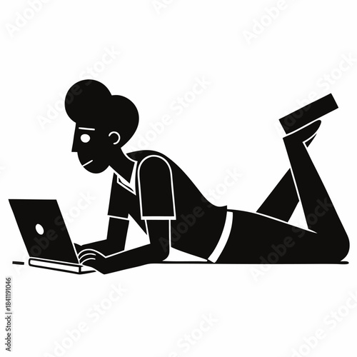Man lying down using laptop computer working remotely online home office