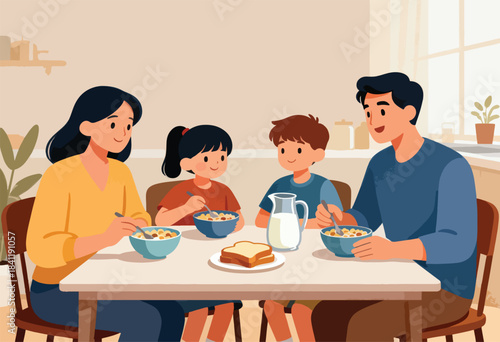 A family of four enjoys breakfast together at a table. Bowls of cereal, toast, and milk sit between them