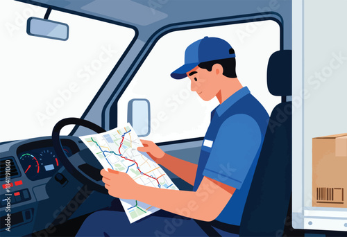 A delivery driver in a truck studies a map.  The driver in blue uniform, examines a paper map in the vehicle