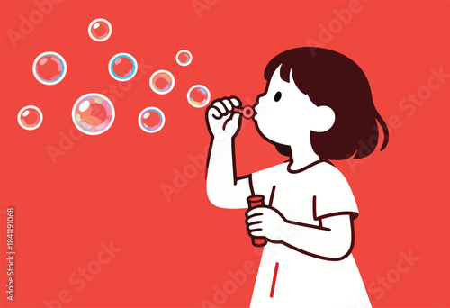 A girl with dark hair, blowing bubbles against a red background. Bubbles float in the air