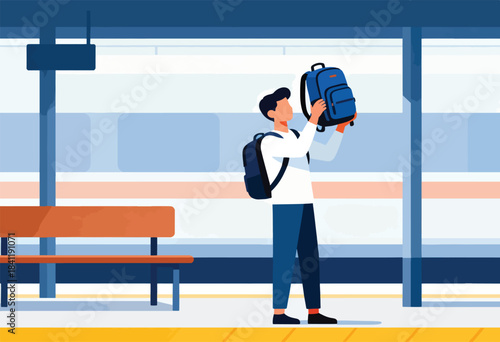 A person with a backpack at a modern train station, checking their blue backpack. A bench sits in the foreground
