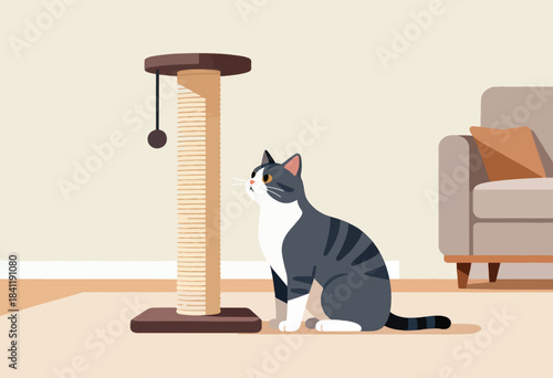 A gray and white cat sits near a scratching post, gazing upwards in a room with a sofa