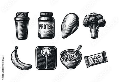 A collection of hand-drawn, vintage-style illustrations depicting fitness and nutrition essentials like protein supplements, healthy foods, and a scale for a balanced lifestyle — stock illustration.