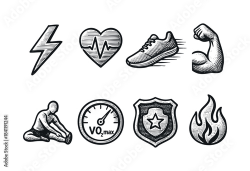 A collection of hand-drawn vintage style fitness, health, and workout icons including heart rate, running shoe, strength, and energy symbols — stock vector.