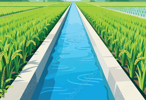 An illustration shows a water channel bisecting rice fields. Crops border both sides.  Sky meets the horizon