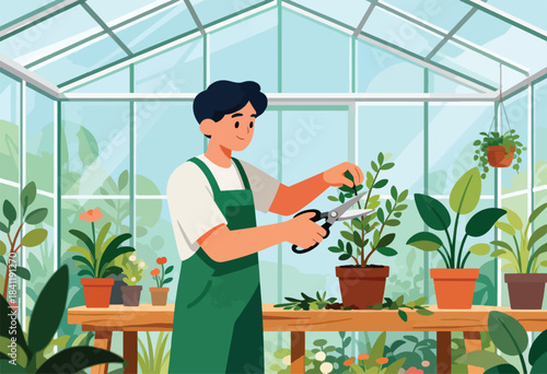 A person in a green apron shears a potted plant in a bright greenhouse filled with greenery