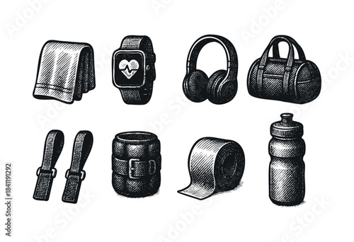 A hand-drawn collection of gym and workout essentials in an engraved style, featuring a smartwatch, headphones, gym bag, towel, ankle weights, athletic tape, and water bottle — stock vector.