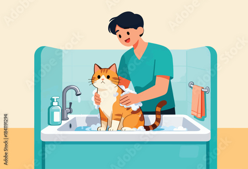 A person bathes a cute orange cat in a sink, lathering it with soap. A towel is nearby