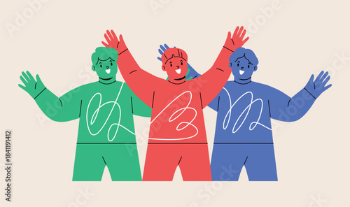 Boy hug best friend and feel happy. Colorful vector illustration