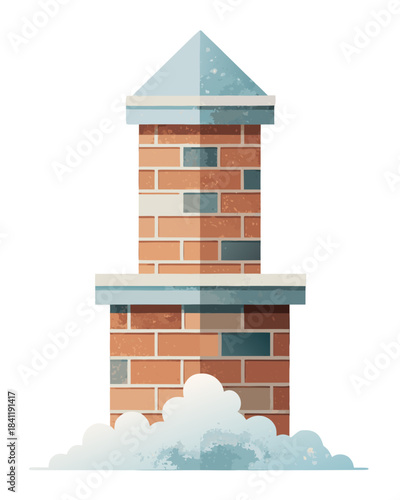 minimal chimney silhouette, geometric brick lines reduced to simple shapes, soft snow cap on top, pastel winter tones, isolated on white background, vector illustration
