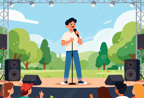 Cartoon illustration of a singer on stage performing at an outdoor concert, audience watching