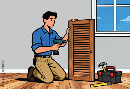 A man uses a drill on a wooden shutter. Tools like a hammer, tape measure, and toolbox are nearby