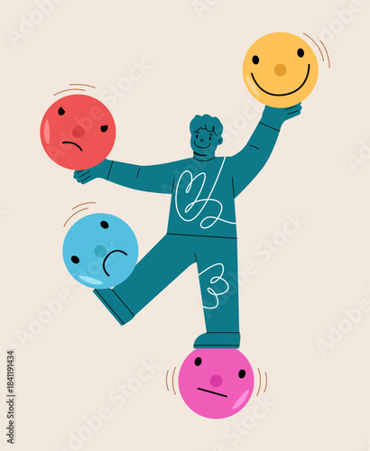 Boy standing balancing on emotional icon. Emotional balance concept. Colorful vector illustration