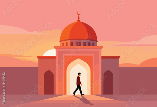 A lone figure walks towards a mosque at dawn. Warm tones create a serene and spiritual atmosphere