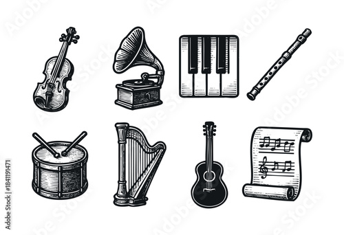 A collection of various musical instruments and sheet music depicted in a classic black and white engraving style, suitable for vintage and music-themed designs — stock vector.