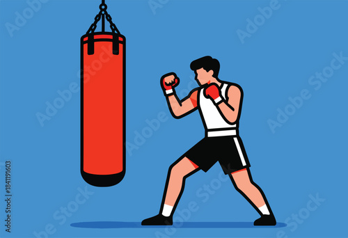 A boxer in a white tank top and black shorts stands poised to punch a red punching bag suspended by a chain