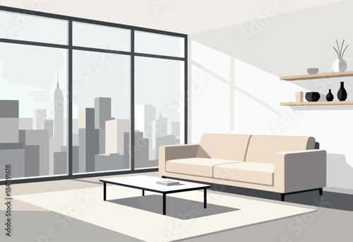 An interior illustration of a minimalist living room, complete with a sofa, city view, and decorative shelves