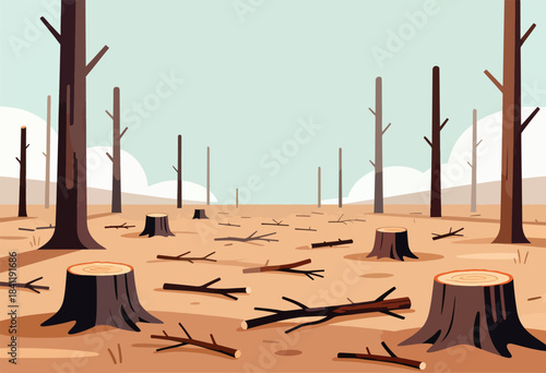 Illustration depicts deforestation, with tree stumps, fallen branches, and sparse trees against a muted sky