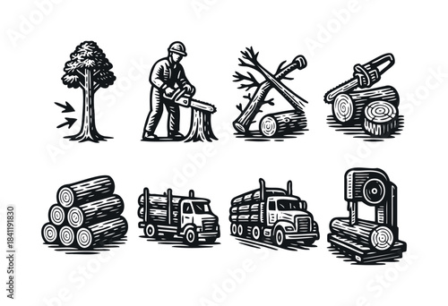A set of woodcut-style black and white vector illustrations depicting the logging and lumber industry process, from felling trees to sawmill production — stock vector.