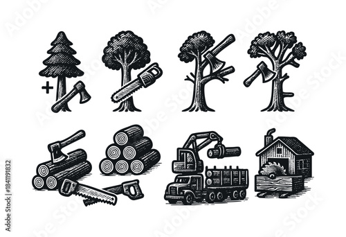 A set of black and white woodcut-style vector icons depicting the complete logging and lumber production process, including felling trees, transporting timber, and sawmill operations — stock vector.