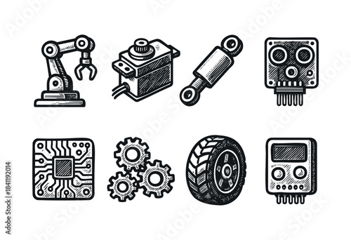A set of hand-drawn vector icons depicting various engineering, mechanical, and electronic components in a doodle style — stock vector.