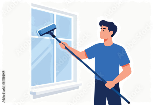 A man uses a window cleaner to clean a pane of glass on a window, on a white background