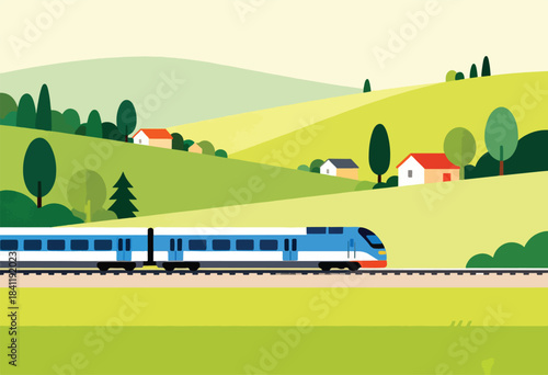 A stylized illustration features a blue train speeding through a green landscape, with hills, trees, and small houses