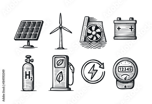 A set of hand-drawn, black and white illustrations representing various environmental and renewable energy concepts such as recycling, solar, wind, electric vehicles, and sustainable living 