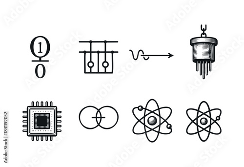 A collection of fundamental symbols illustrating the progression of concepts across mathematics, classical electronics, modern computing, and quantum physics — stock vector.