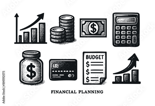 Various doodle style illustrations representing financial concepts such as growth, savings, budgeting, and payment methods — stock vector.