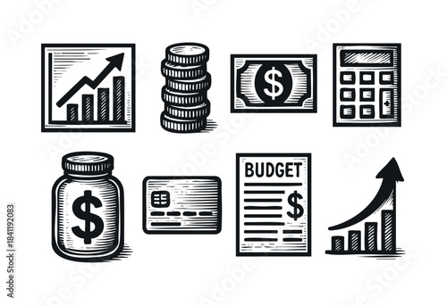 A collection of hand-drawn financial and money management icons in a classic woodcut style, depicting concepts like growth, savings, budget, and transactions — stock vector.