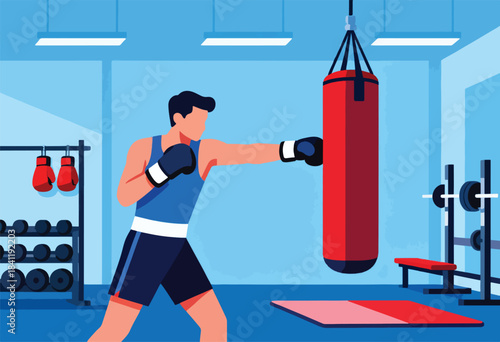 Cartoon of a man boxing a red heavy bag in a gym. Weights, gloves, and a bench are also present