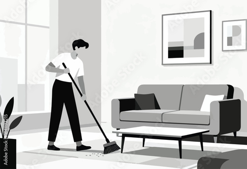 Monochromatic illustration of a person sweeping a room with a sofa, abstract art, and plants