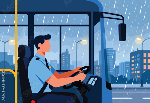 Illustration of a bus driver in a blue bus driving in heavy rain, overlooking a cityscape