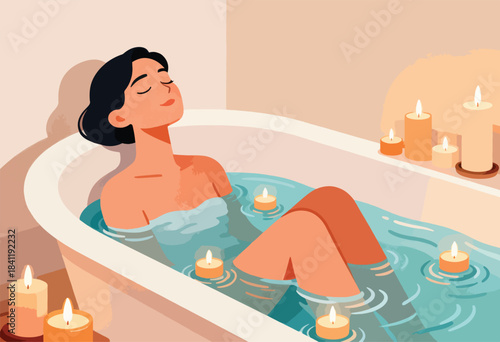An illustration depicting a woman relaxing in a bathtub, surrounded by candles. Her eyes are closed, radiating serenity