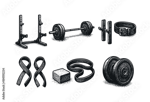 A collection of essential strength training equipment and workout accessories depicted in a classic hand-drawn engraving style on a white background. — stock illustration.