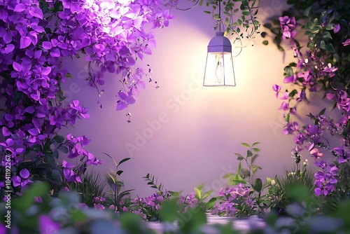 Ornamental light glows amid cascading purple flowers and lush green foliage, creating a magical ambiance