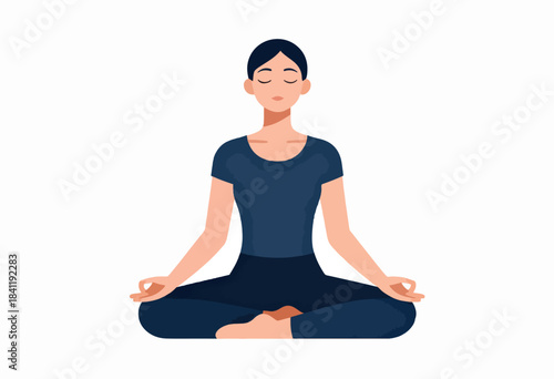 Illustration of a woman in a lotus position, eyes closed, hands in mudra, on a white background