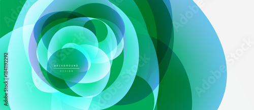 Abstract design features layered translucent circles. Green, blue hues create dynamic visual effect. Modern background element.